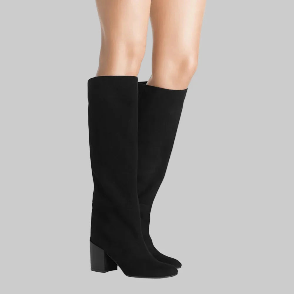 Bella Μαύρες Μπότες Πάνω από το Γόνατο με Φαρδύ Τακούν