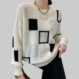 Κατερίνα - Πλεκτό πουλόβερ με καρό μοτίβο και ανοιχτή πλέξη