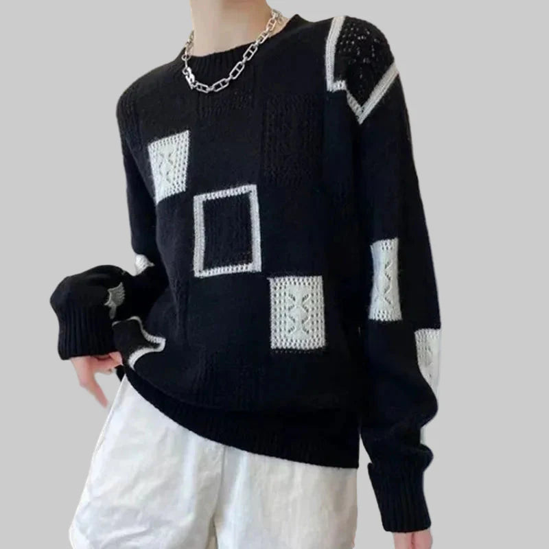 Κατερίνα - Πλεκτό πουλόβερ με καρό μοτίβο και ανοιχτή πλέξη