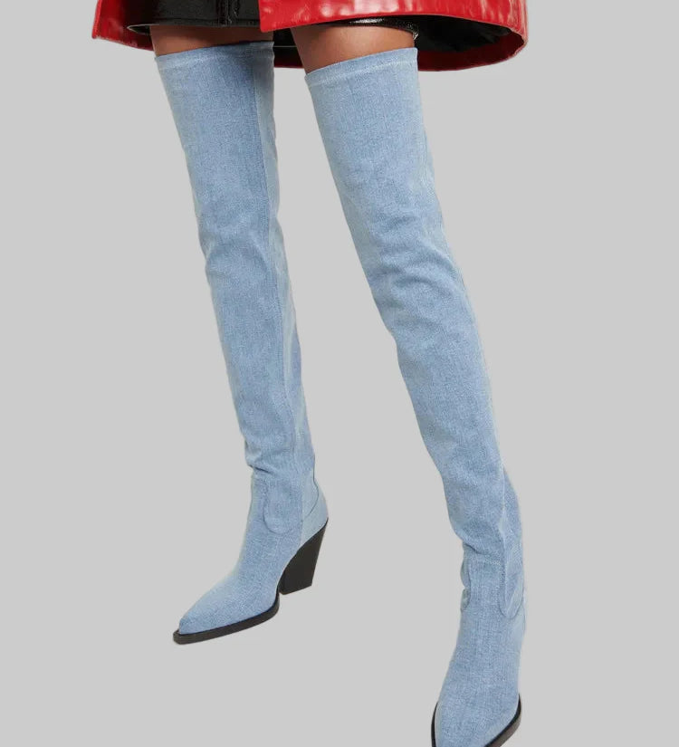 Daphne - Μπότες με τακούνι πάνω από το γόνατο με δερμάτινη εμφάνιση