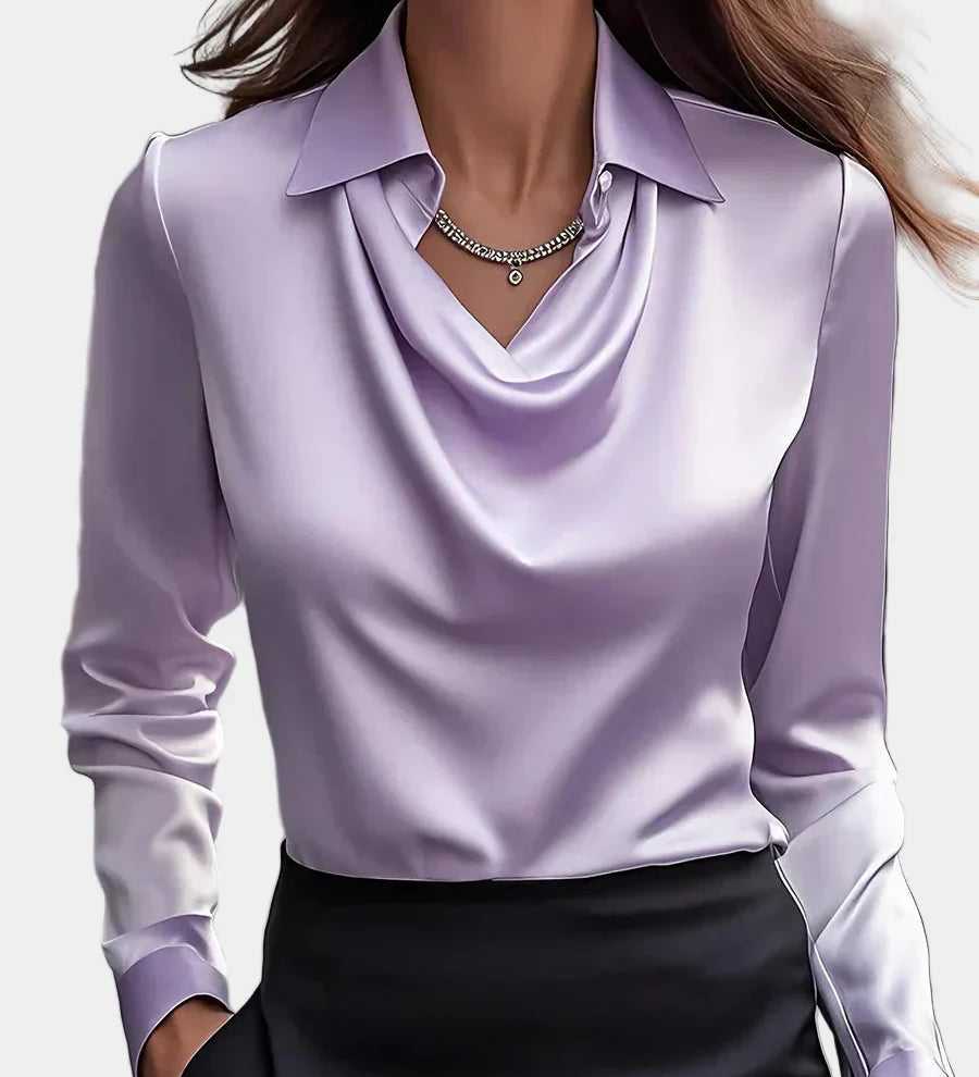 Κομψή Λευκή Σατέν Μπλούζα με Ντραπέ Ντεκολτέ