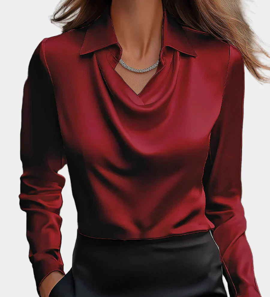 Κομψή Λευκή Σατέν Μπλούζα με Ντραπέ Ντεκολτέ