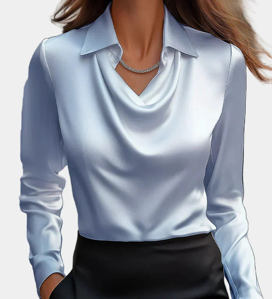 Κομψή Λευκή Σατέν Μπλούζα με Ντραπέ Ντεκολτέ