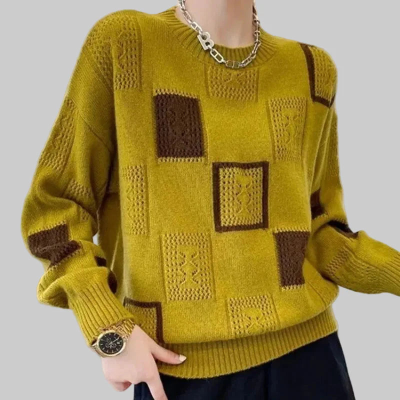 Κατερίνα - Πλεκτό πουλόβερ με καρό μοτίβο και ανοιχτή πλέξη